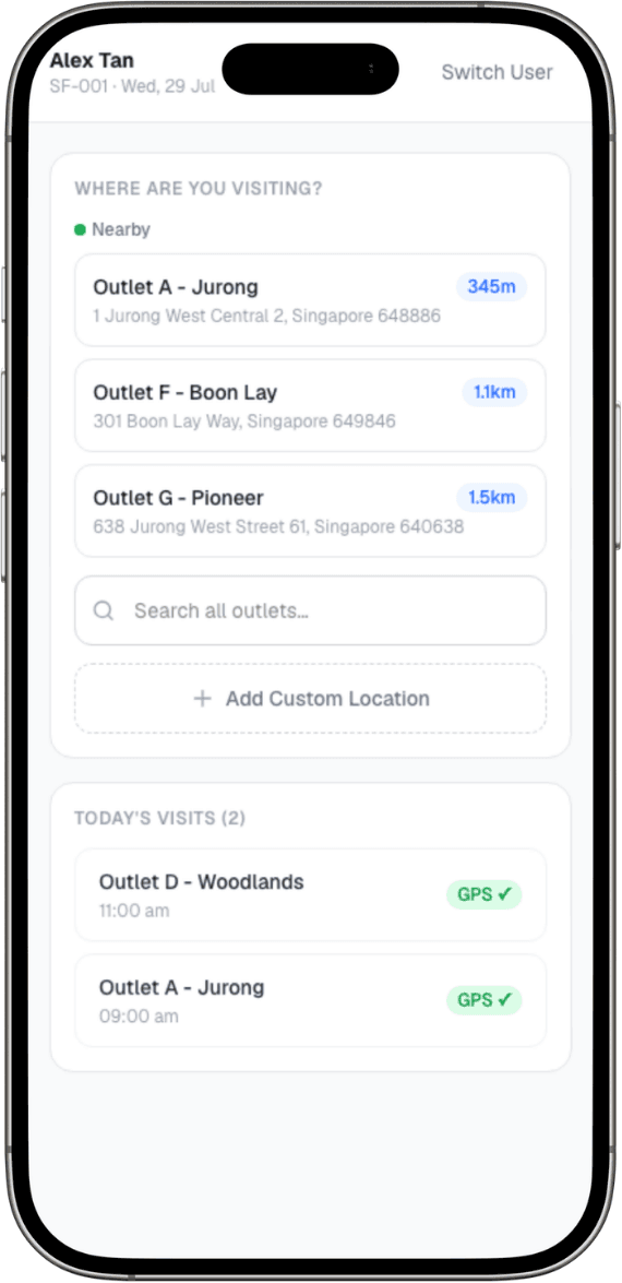 FieldCheck GPS check-in screen on mobile