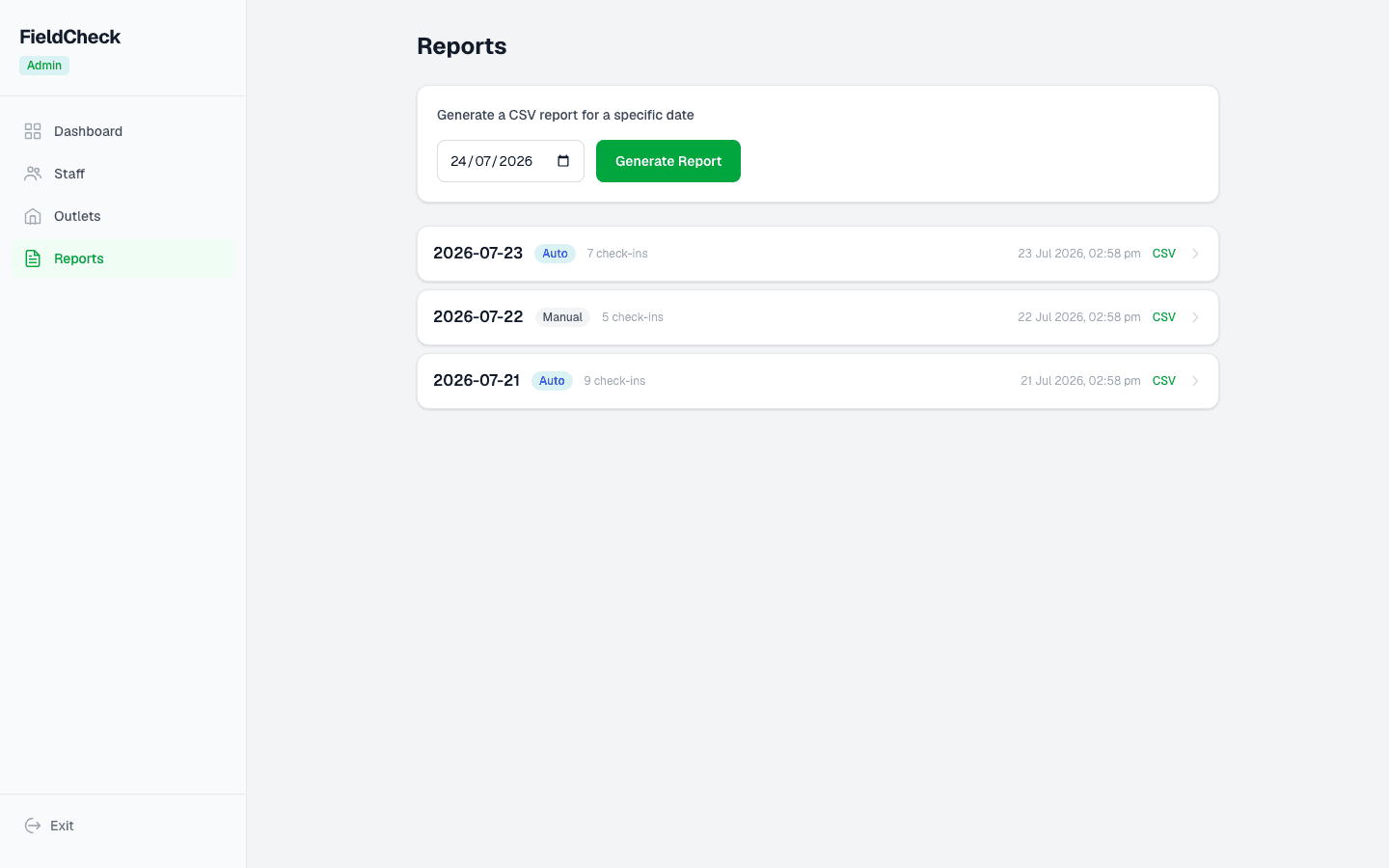 FieldCheck reports screen showing the automatically generated daily CSV export